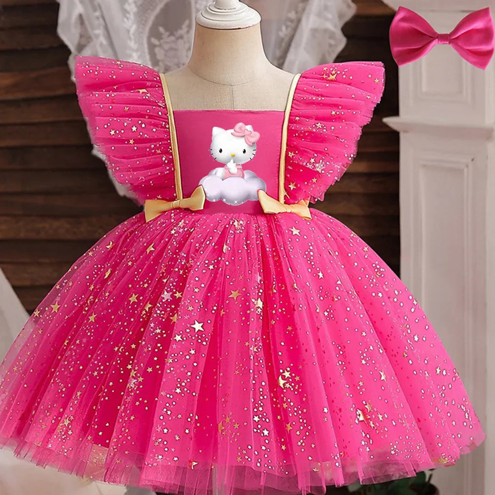Princess Dress for Girls Sequined Star Ruffle Bow Tutu Gown Baby Formal Gala Prom Gown Kids Evening Party Costume