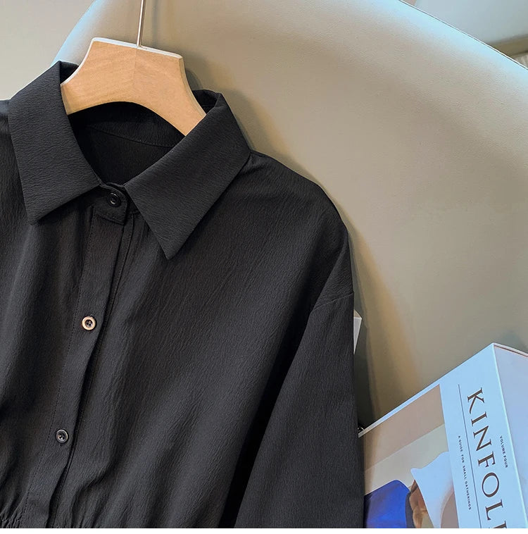 2026 Women's Plus Size Blouse Korean Style Spring Autumn Loose Elegant Casual Mid-length Tops Long Sleeved Waist Cinching Shirts