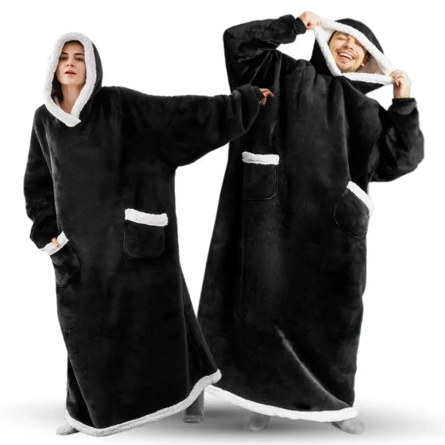 180cm Super Long Flannel Blanket Pyjamas with Sleeves Winter Hoodies Sweatshirt Women Men Pullover Fleece Giant Oversized Outd