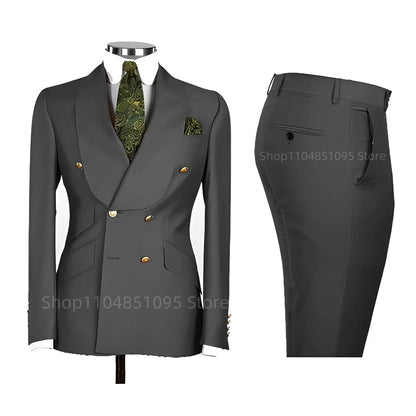 2 PCS Men's Smart Casual Solid Formal Tuxedo Suits with Shawl Lapel Double Breasted Jacket And Pants for Business And Wedding