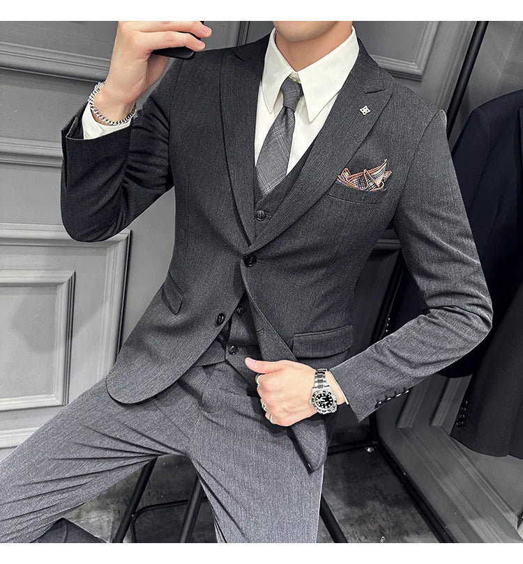 Slim Fit Men's Three Piece Suit Thin Single Button Notch Lapel Casual Fashion Cotton Blend Spring Autumn Wear for Youth