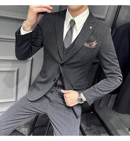 Slim Fit Men's Three Piece Suit Thin Single Button Notch Lapel Casual Fashion Cotton Blend Spring Autumn Wear for Youth