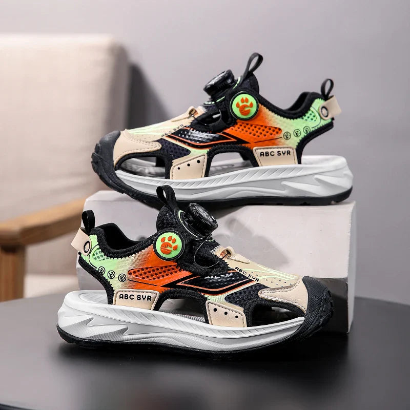 Kids Rotating Button Closed-Toe Sandals, Breathable Mesh Sport Shoes for Boys, Non-Slip Adjustable Summer Beach Sneakers