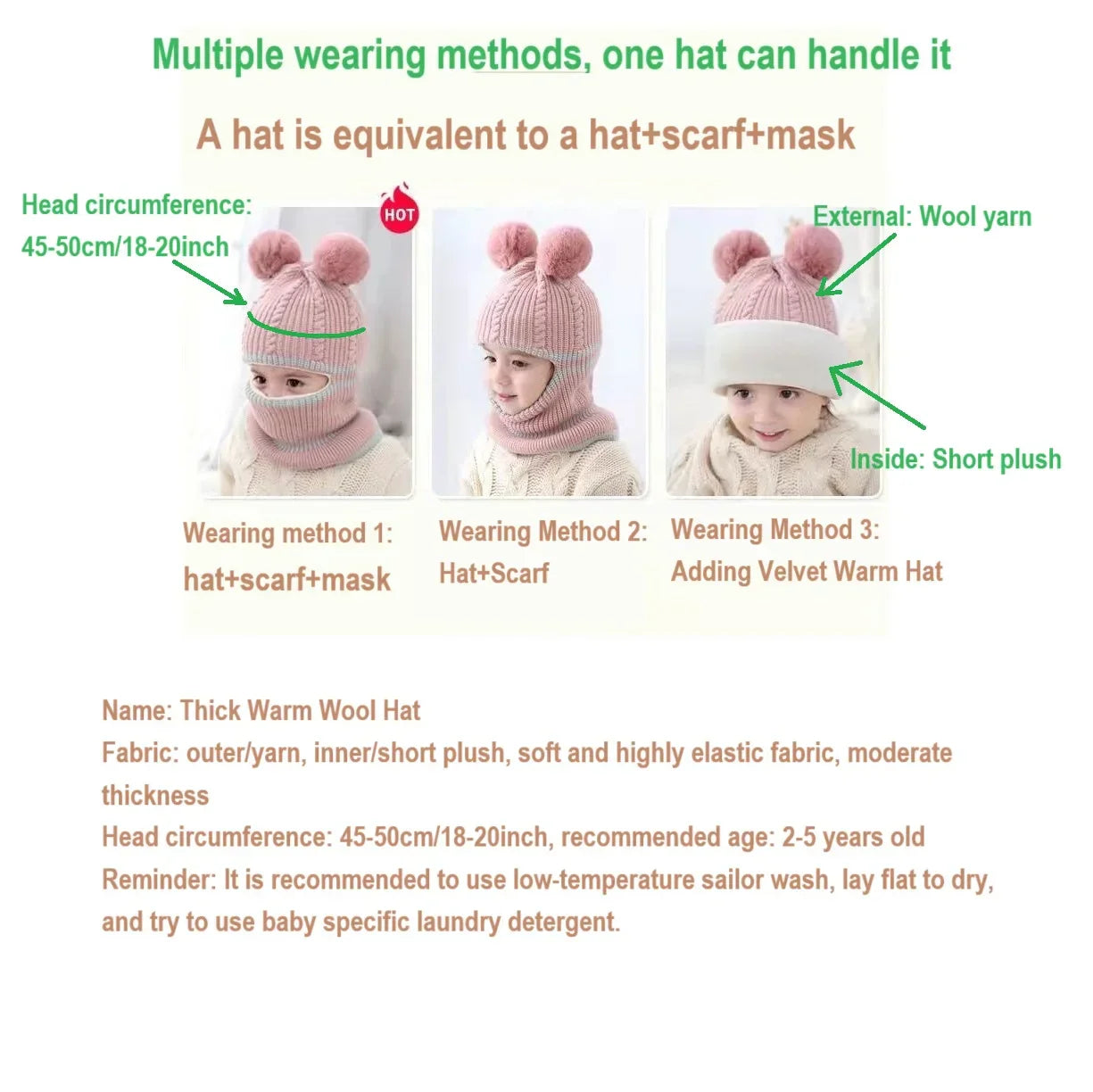 2-4year kid's knitted hat winter warm woolen hat  mask scarf one-piece