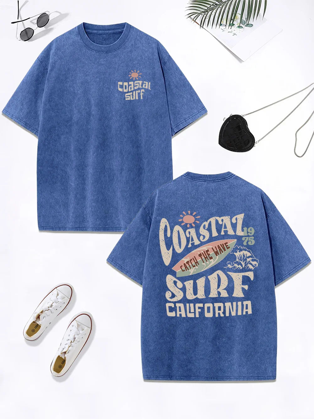 Surf Catch The Wave California Prints Washed T-Shirt Women Cotton Oversize Tops Distressed O-Neck T Shirt Summer Clothes