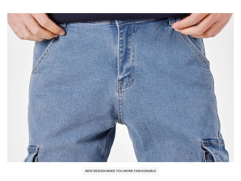 Men's Jeans Street Style Waist Denim Cargo Pants Solid Color Washed Slim Fit Casual Jeans with Multiple Pockets for Daily Wear