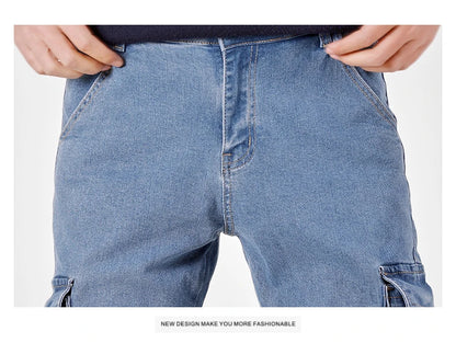 Men's Jeans Street Style Waist Denim Cargo Pants Solid Color Washed Slim Fit Casual Jeans with Multiple Pockets for Daily Wear
