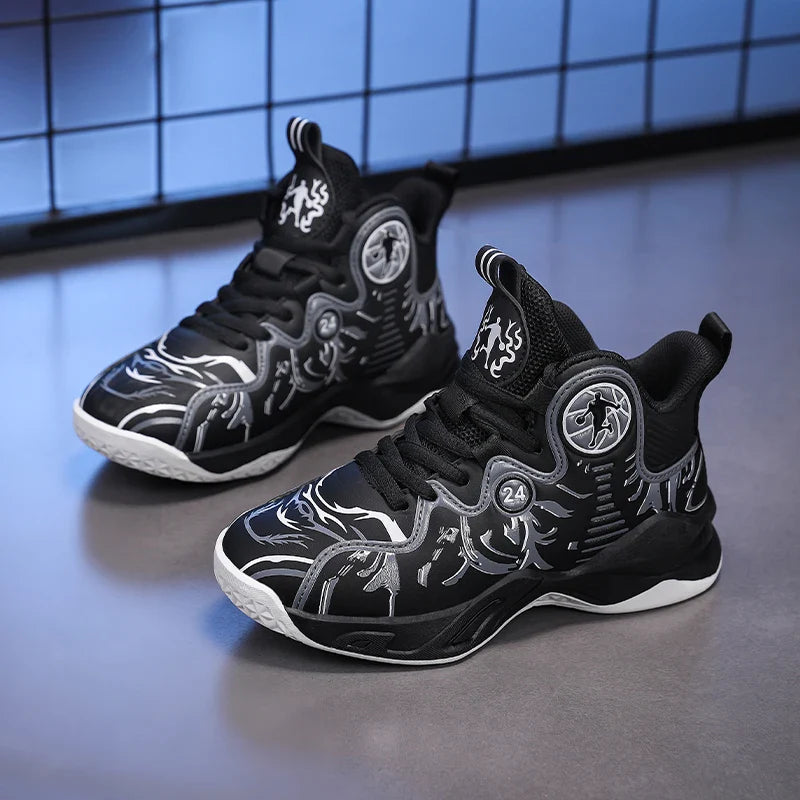 A pair of children's four-season high-top leather basketball shoes, wear-resistant and soft sneakers, sizes 31-37，YY-Y2876