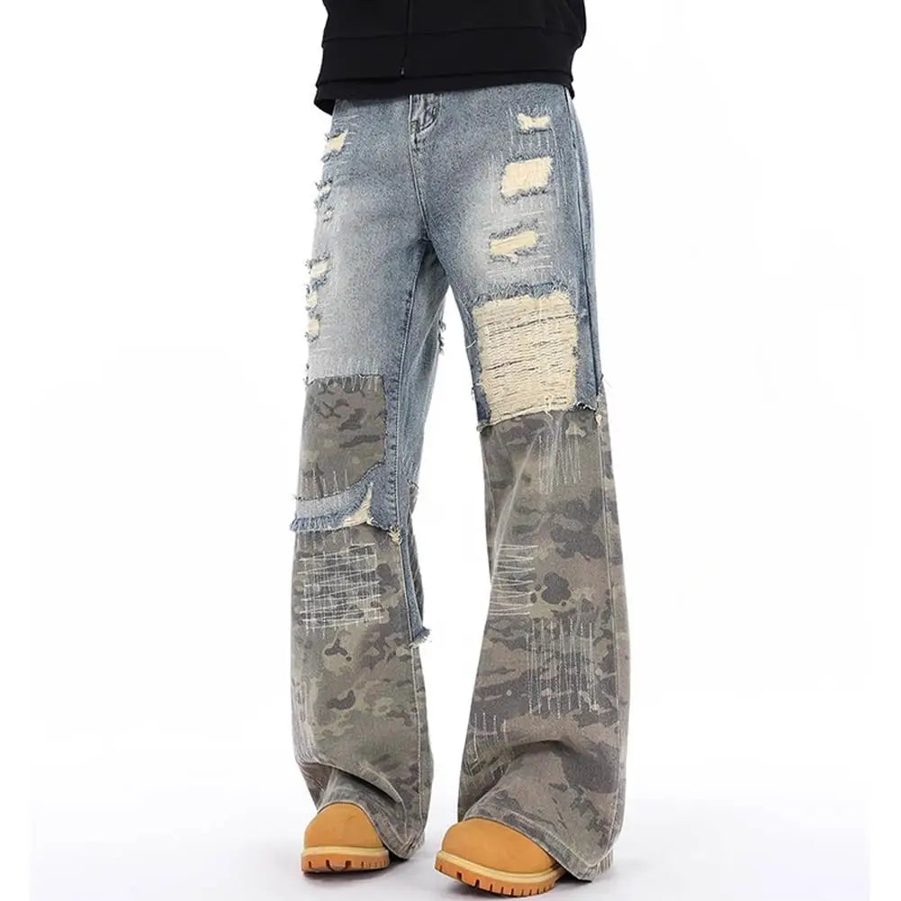 Men's Ripped Slim Fit Straight Leg Jeans Patchwork Camouflage Denim Pants