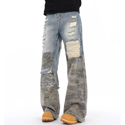 Men's Ripped Slim Fit Straight Leg Jeans Patchwork Camouflage Denim Pants