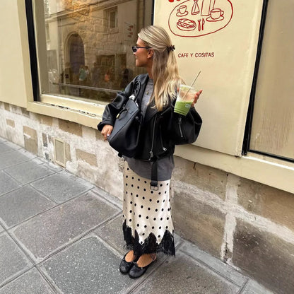 Women's Polka Dot Print Satin Skirt Sexy Lace Patchwork High Waist Skirts Chic Commute Street Party Lady Clothes for 2026 Summer
