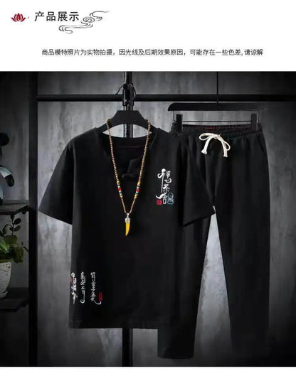 (Shirt + trousers) 2025 summer Chinese Style men shirt Cotton and linen shirts men's High quality casual shirts Two Piece M-5XL