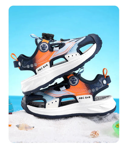 Kids Rotating Button Closed-Toe Sandals, Breathable Mesh Sport Shoes for Boys, Non-Slip Adjustable Summer Beach Sneakers