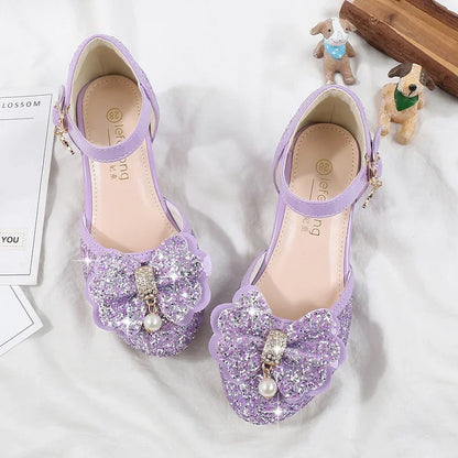 Children's Sandals for Party Wedding Elegant Bowknot Kids Girls Versatile Sequins High-heels Fashion Pearl Princess Single Shoes