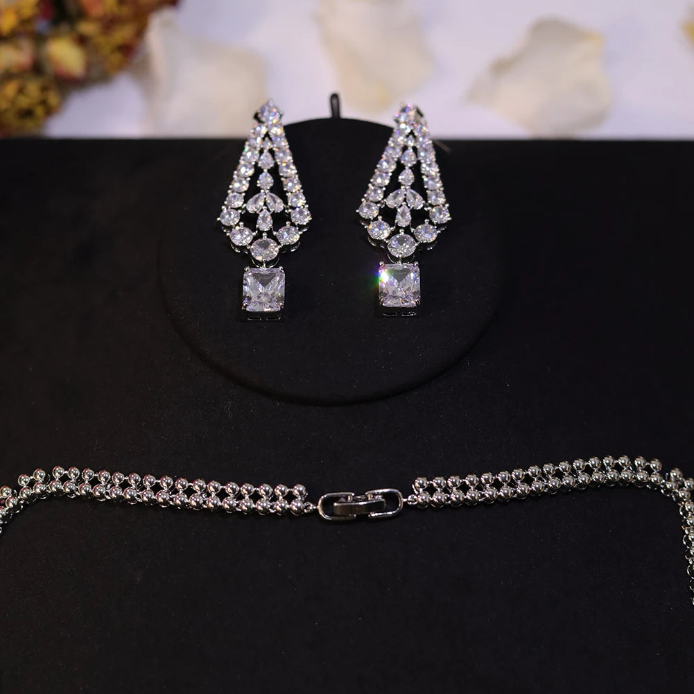 Chic Brilhante Grande Quadrado Luz Branca CZ Cristal Feminino Festa Casamento Colar e Brincos Conjuntos de Joias da Moda para Noivas Z019