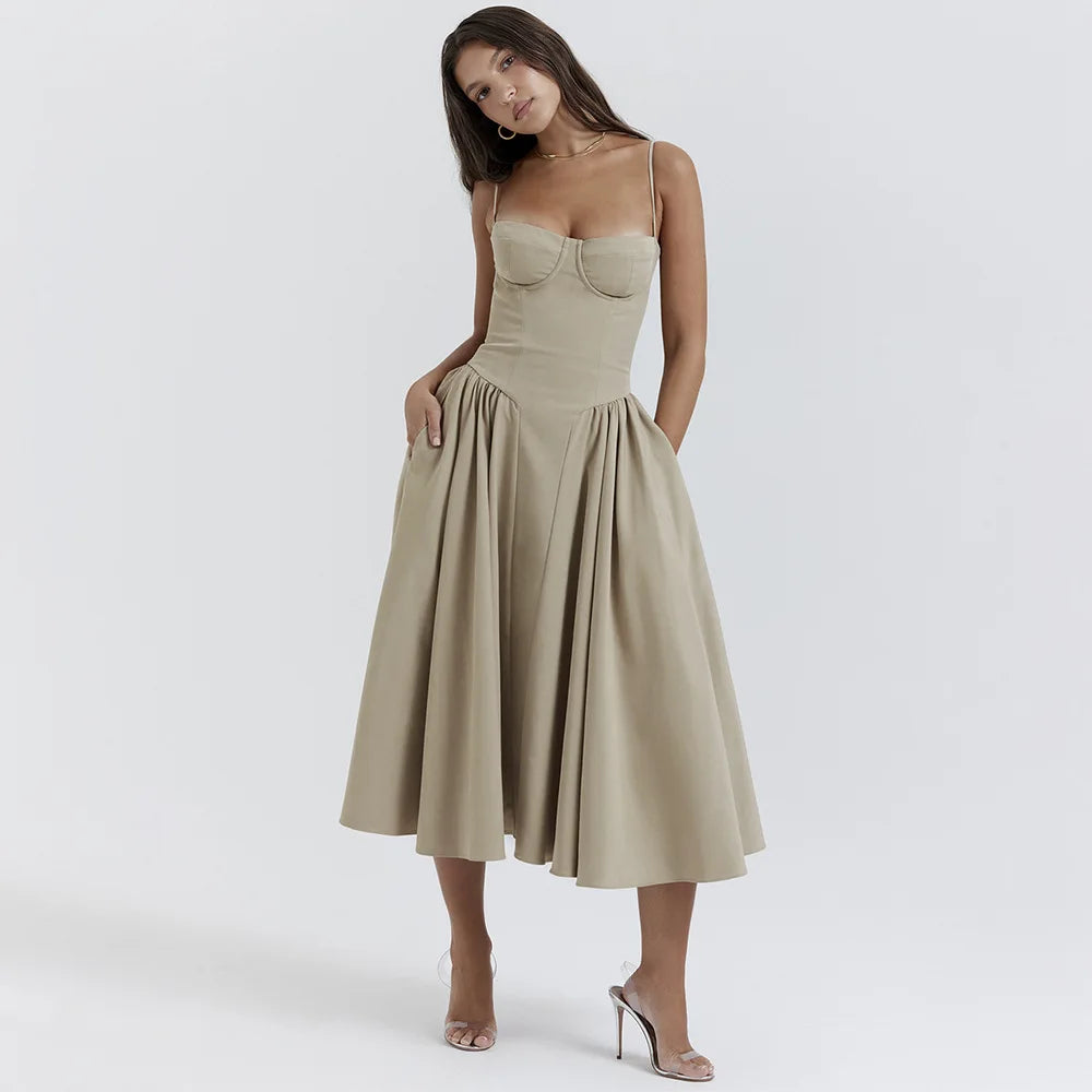 Women Elegant Sleeveless Backless Pleated Dresses Lady Sexy Solid Sling Midi Dress 2024 Female Party Evening A-line Robes