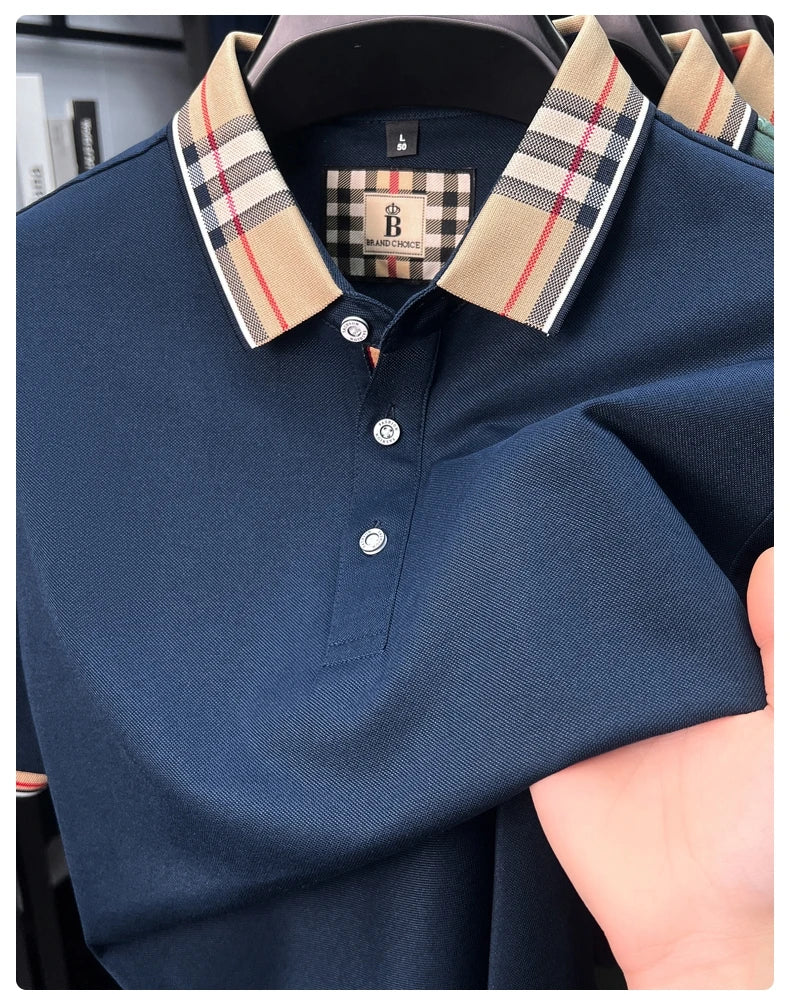 Fashion brand luxury short sleeve polo shirt men summer quality silky cotton breathable business casual striped collar T-shirt