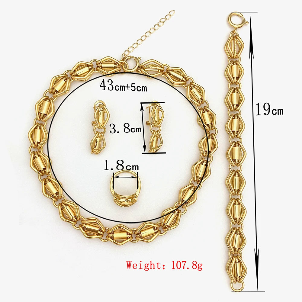 Dubai Nigeria Jewelry Set For Women Classic Design Beads Necklace Earrings Ring Bracelet 18K Gold Plated 4Pcs Set Jewelry