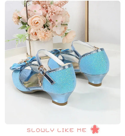 New Girl's High Heel Shoes for Kids Party Wedding Fashion Princess Causal Dress Shoes Sequins Versatile Children's Crown Sandals