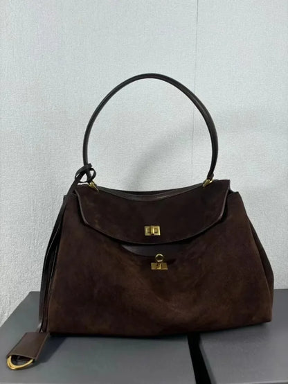 Suede Leather Tote Bag for Women Large Capacity Cowhide Shoulder Bag Designer Lock Satchel Chic Soft Nubuck Crossbody Purse