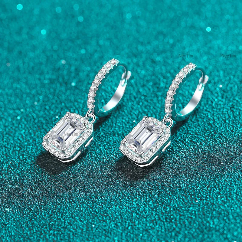 1ct 2ct Moissanite Earrings for Women 925 Silver with Gold Plated Lab Diamond Radiant Emerald Cut Sparkling Drop Earring