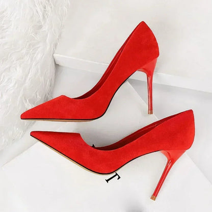 Women 9cm High Heels Daily Party Colorful Suede Pumps Female Scarpins Stiletto Evening Banquet Red Yellow Shoes Plus Size 34-43
