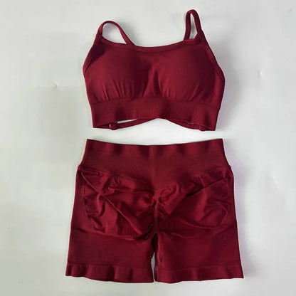 No Logo Women 2 Pieces Yoga Set Cross Straps Bra Beautiful Back Tops High Waist Sport Short Scrunch Bum Workout Short Gym Suit