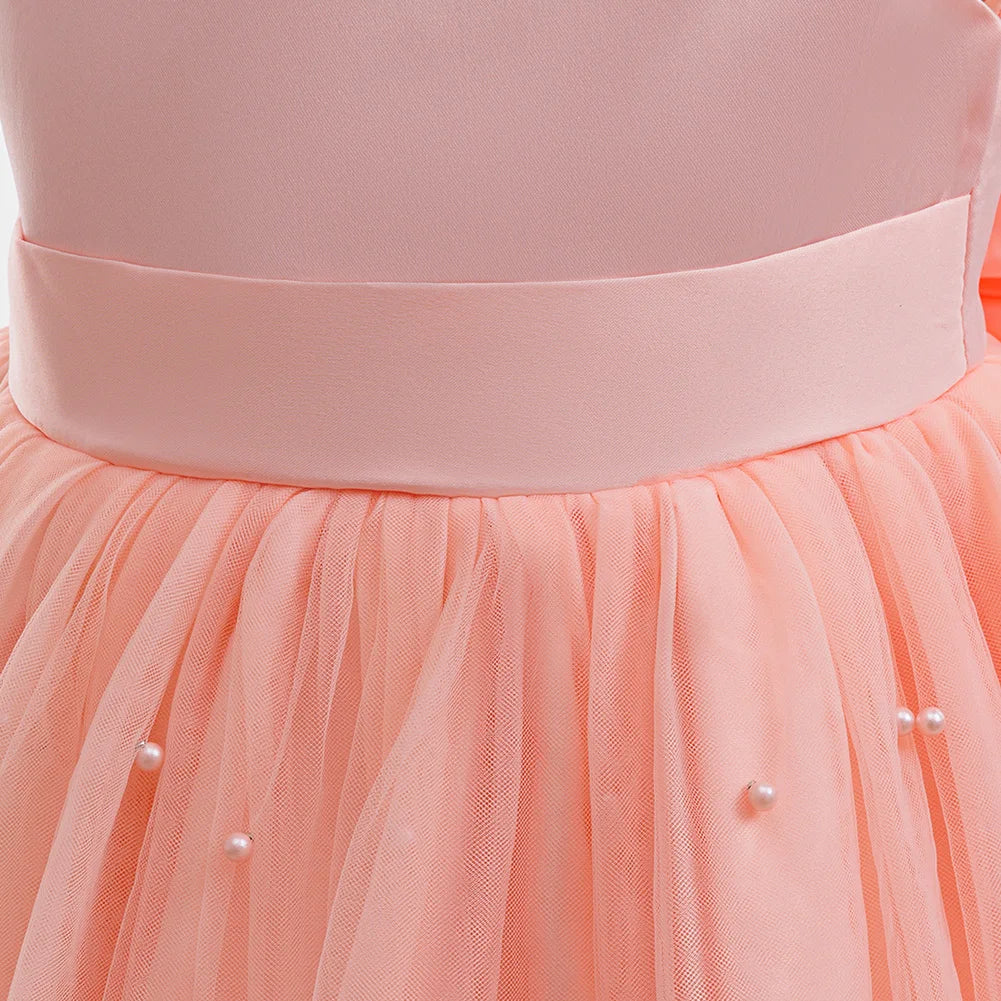Girls White Wedding Pearls Elegant Pageant Princess Dress For Girls Backless Big Bow Wedding Bridesmaid Birthday Party Ball Gown