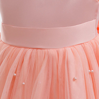 Girls White Wedding Pearls Elegant Pageant Princess Dress For Girls Backless Big Bow Wedding Bridesmaid Birthday Party Ball Gown