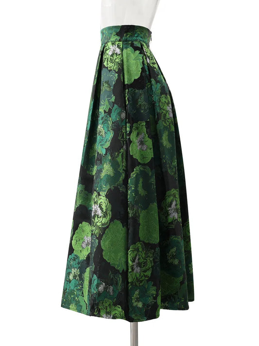 High Quality Elegant Lady Hepburn Style Mid-long Puff Skirt All-match Spring Autumn High Waist Green Jacquard Women A-line Skirt