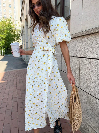 Summer Women Psrinted Dress Lace Up Short Sleeve Fashion Office Lady Long Dress 100% Cotton Daily Casual V-neck Skirt