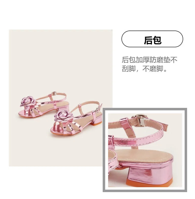 2025 Summer New Children's High Heels Fashion Flower Girls' Princess Sandals Silver Kid's Performance Dance Shoes 5-10 Years Old