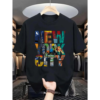 Summer men's 100% pure cotton casual loose fit plus size New York City printed comfortable round neck short sleeved T-shirt top