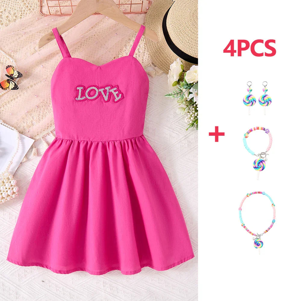 Vestido Estampado Coração de Menina de Verão, Saia Evasê Sem Mangas para Festa de Aniversário, Alcinha Ombro a Ombro, Roupa Diária ao Ar Livre 2-10T