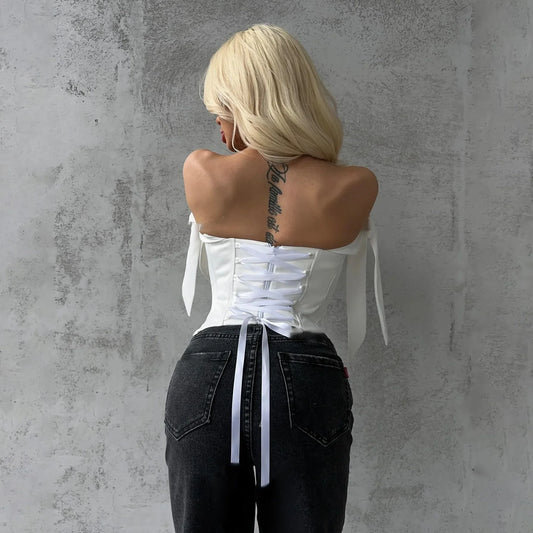 Bandage White Corset Top Women Elegant Black Satin Bustier Fishbone Zip Sexy Sleeveless Streetwear Fashion Summer Blue Clothes