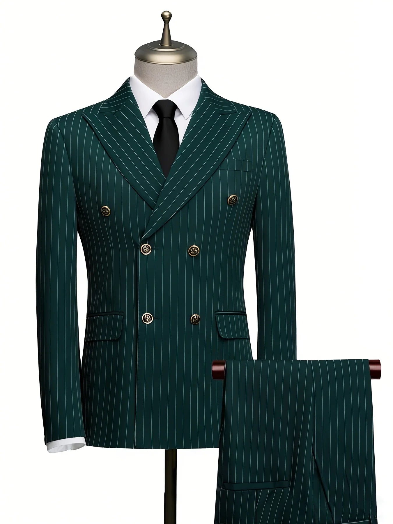 Men's Green Pinstripe Double Breasted Suit 2 Piece Slim Fit Formal Business Wedding Blazer Pants Set