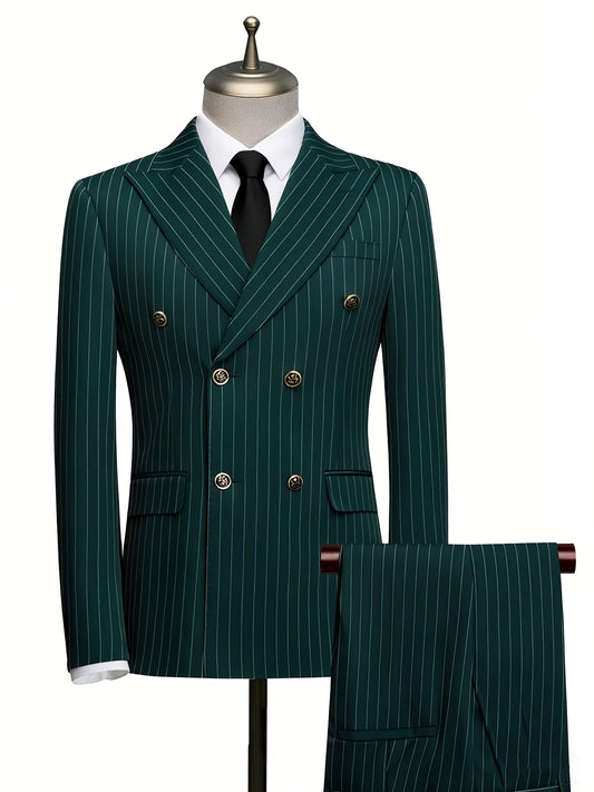 Men's Green Pinstripe Double Breasted Suit 2 Piece Slim Fit Formal Business Wedding Blazer Pants Set