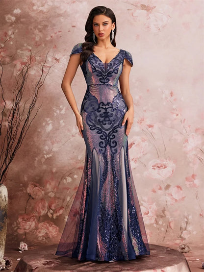 Luxury Cap Sleeve V-neck Sequin Formal Evening Dress Women Elegant Mermaid Party Cocktail Gown Special Event