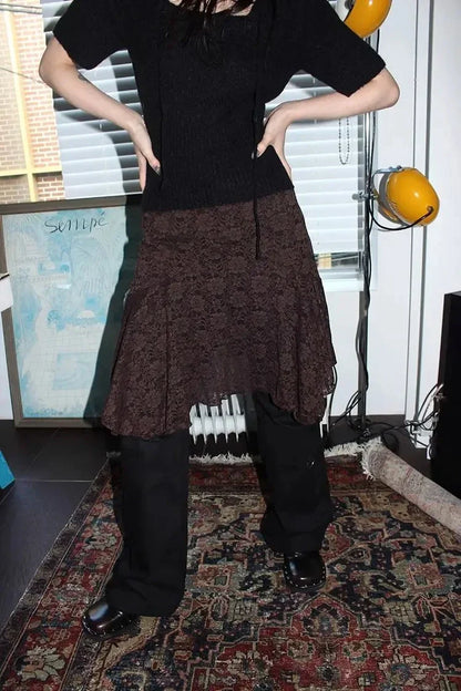 Japanese Vintage Jacquard Lace Skirt Pants Women High Waist Layered Skirt Y2k Asymmetrical Skirt 2025 Spring Clothing