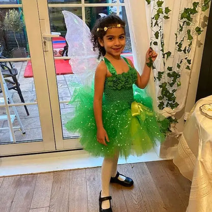 Girls Green Glitter Tutu Dress Kids Flower Fairy Dress with Butterfly Wing Set Children Party Costume Sparkled Stars Dresses