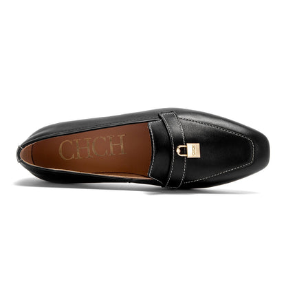 Women's Leather Loafers with Gold Lock Detail Square Toe Low Heel Penny Casual Office Slip-On Dress Shoes for Woman