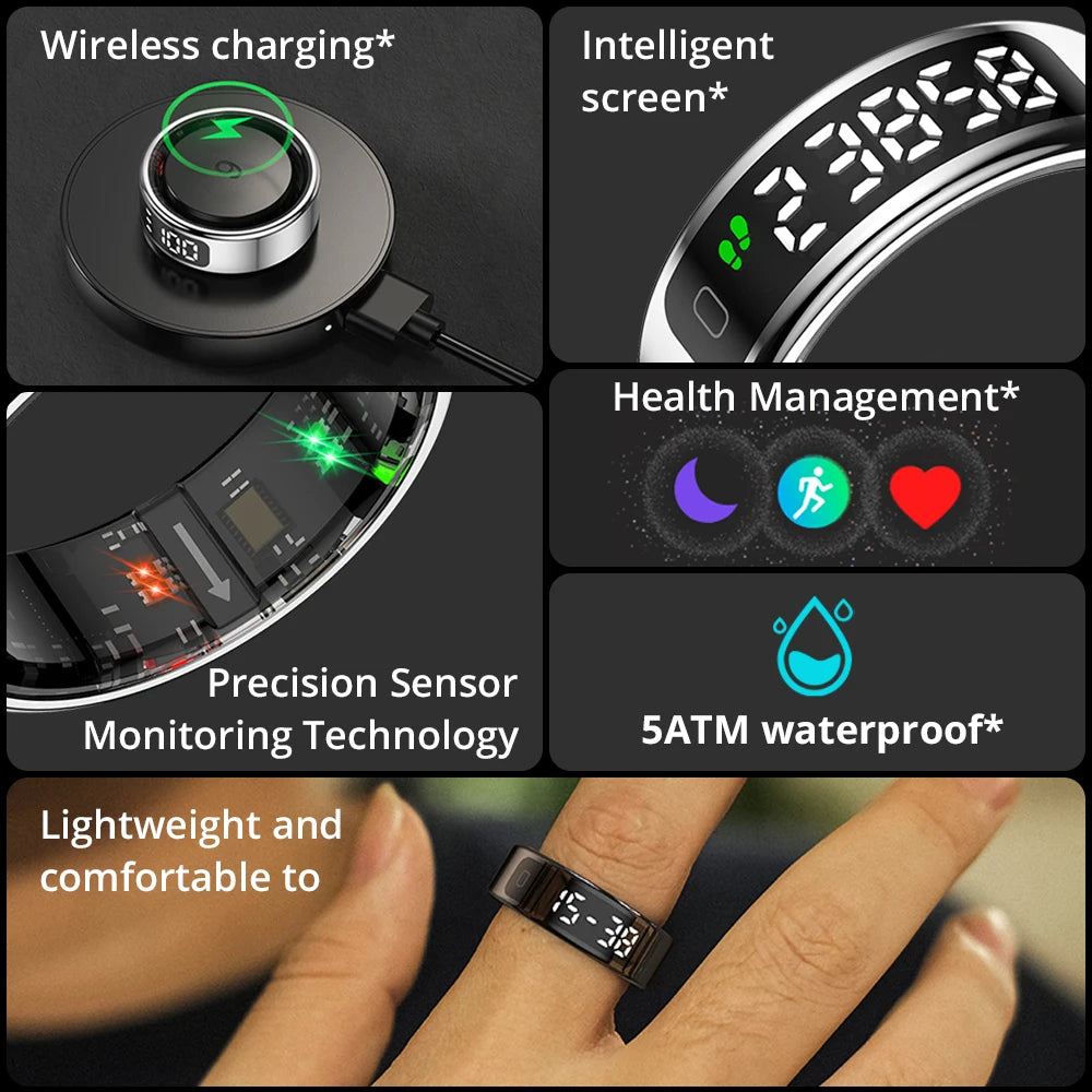 Smart Ring with Display Screen and Touch, Wireless Charging, Health Manager
