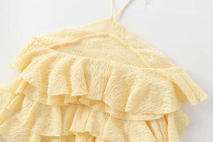 Textured halter crop top with ruffles Women's short yellow sleeveless top with sexy streamers for summer 2025 ETJ