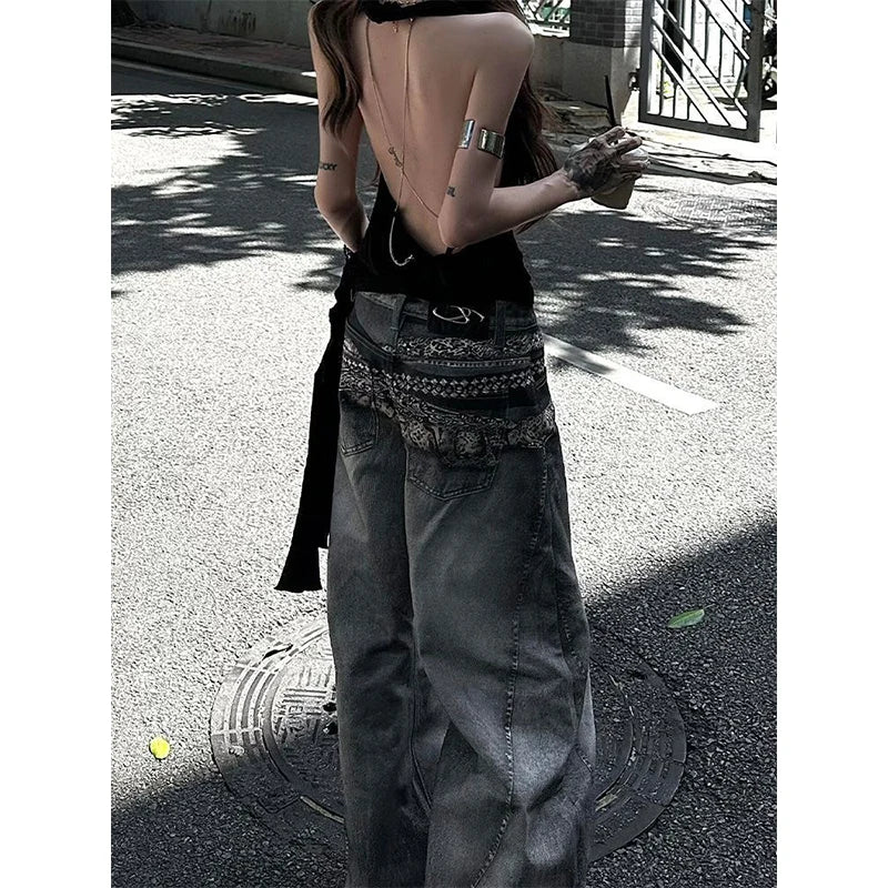 American Vintage Hip-hop High Waist Print Jeans Pants Women's Casual Baggy Y2K Wide Leg Grunge Streetwear Style Denim Trouser
