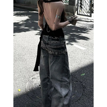 American Vintage Hip-hop High Waist Print Jeans Pants Women's Casual Baggy Y2K Wide Leg Grunge Streetwear Style Denim Trouser