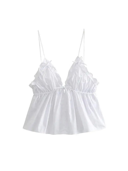 Women's Sexy Fashion Bow Tied Ruffled V-Neck Tank Top Thin Straps Backless Camisole Female Mujer