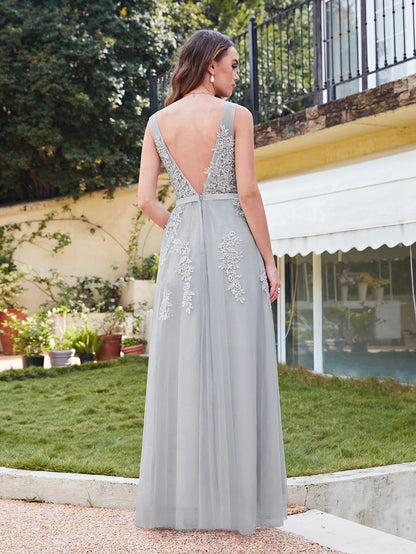 Exquisite Lace Tulle Evening Dress Illusion Soft Net Collar Sleeveless V-Backless Gowns Slim A-line Floor-length Prom Dresses