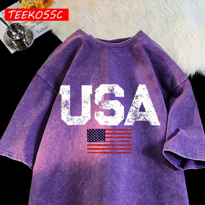 Usa Letter American Flag Printed Washed T-Shirt Men Summer Cotton T Shirts O-Neck Loose Clothes Colour Unisex Short Sleeve