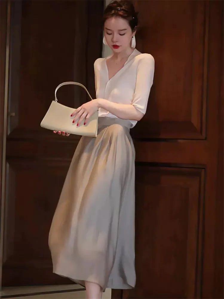 French fashion senior sense half skirt women's summer small A-line silk skirt thin high waist knitted slimming long skirt