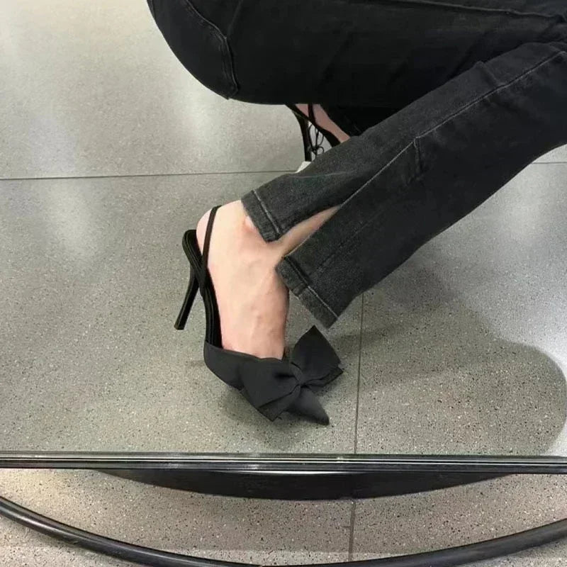 Luxury Silver High Heeled Sandals Women Sexy Pointed Toe Back Strap Thin Heels for Women Elegant Bow Design Banquet Dress Shoes